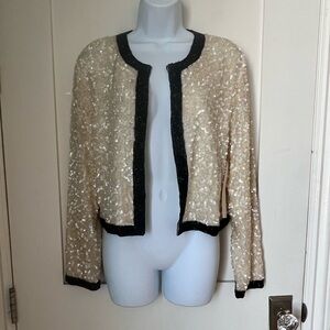 New Scarlet Rage Elegant Cream 100% Silk Sequin Jacket with Black Trim Sz S